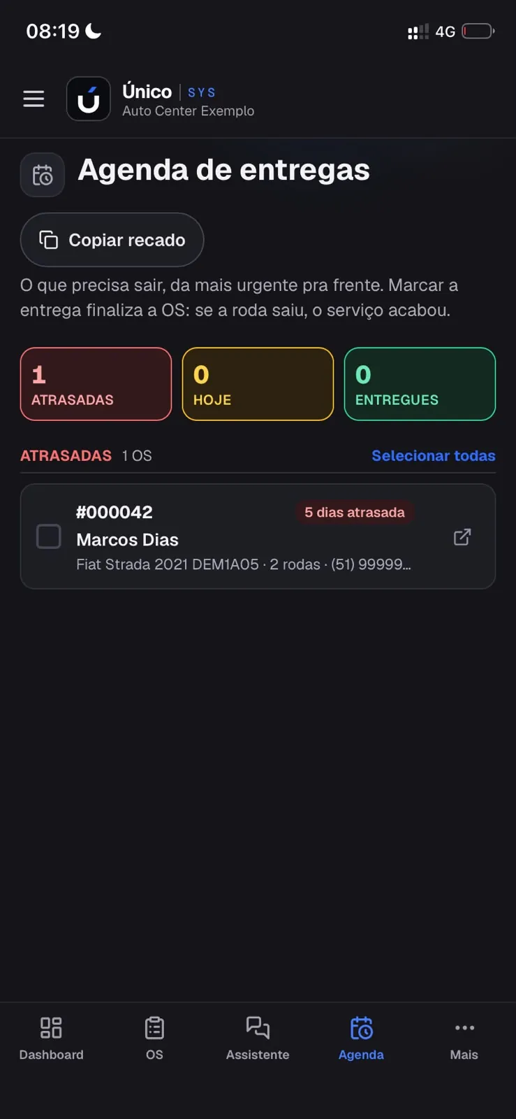 Agenda de entregas: atrasadas, de hoje e entregues