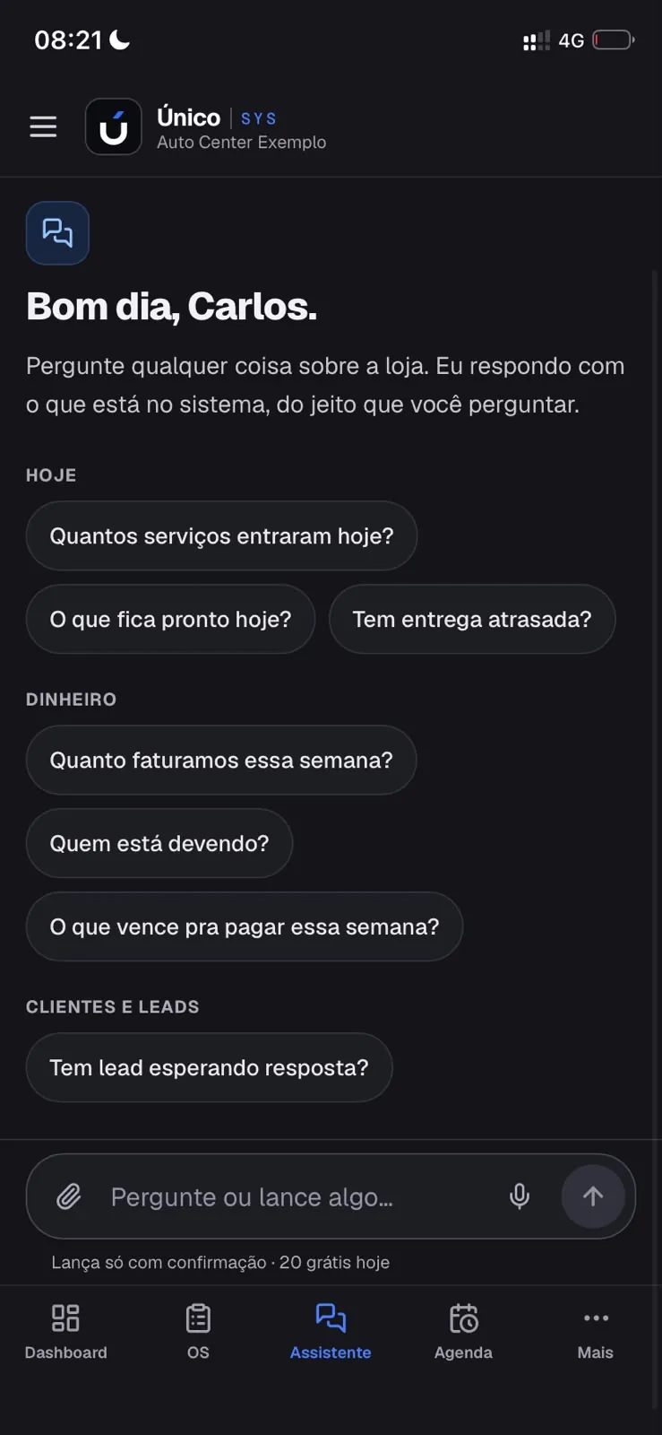 Gerente de IA com perguntas prontas: hoje, dinheiro, clientes e leads