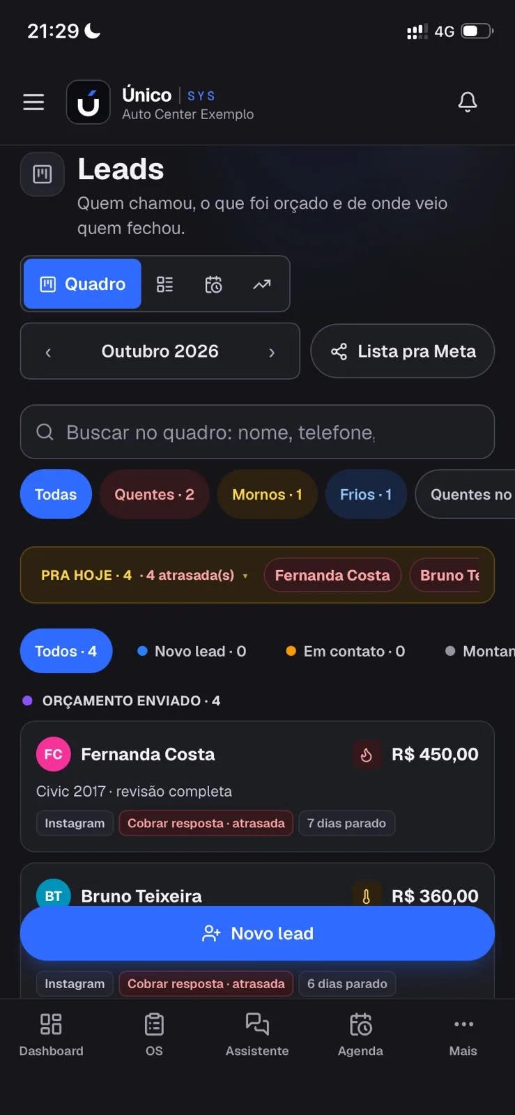 Quadro de orçamentos com quem cobrar hoje