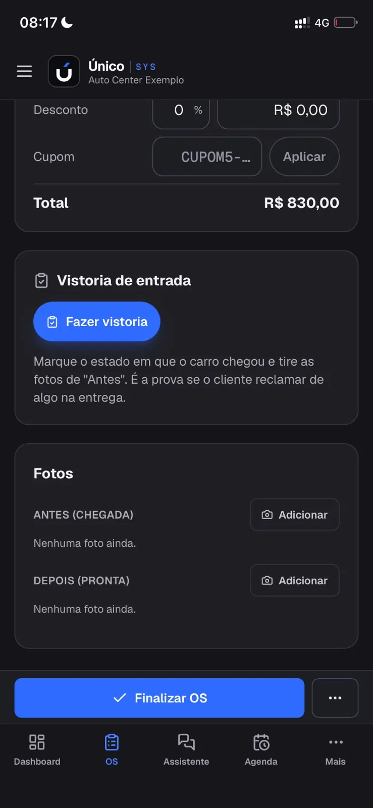 Vistoria de entrada na OS, com fotos de antes e depois