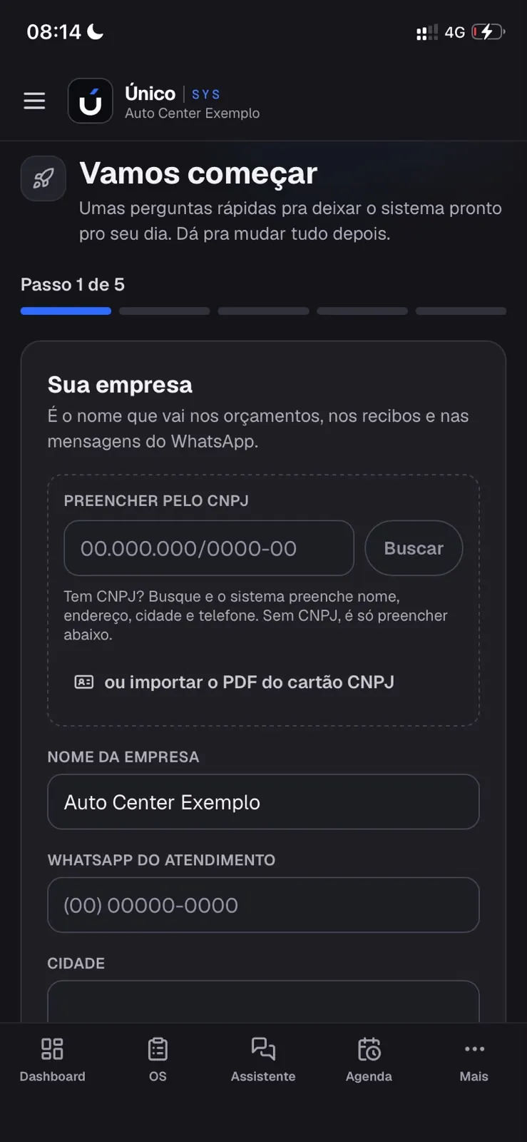 Questionário, passo 1 de 5: nome da empresa e WhatsApp do atendimento