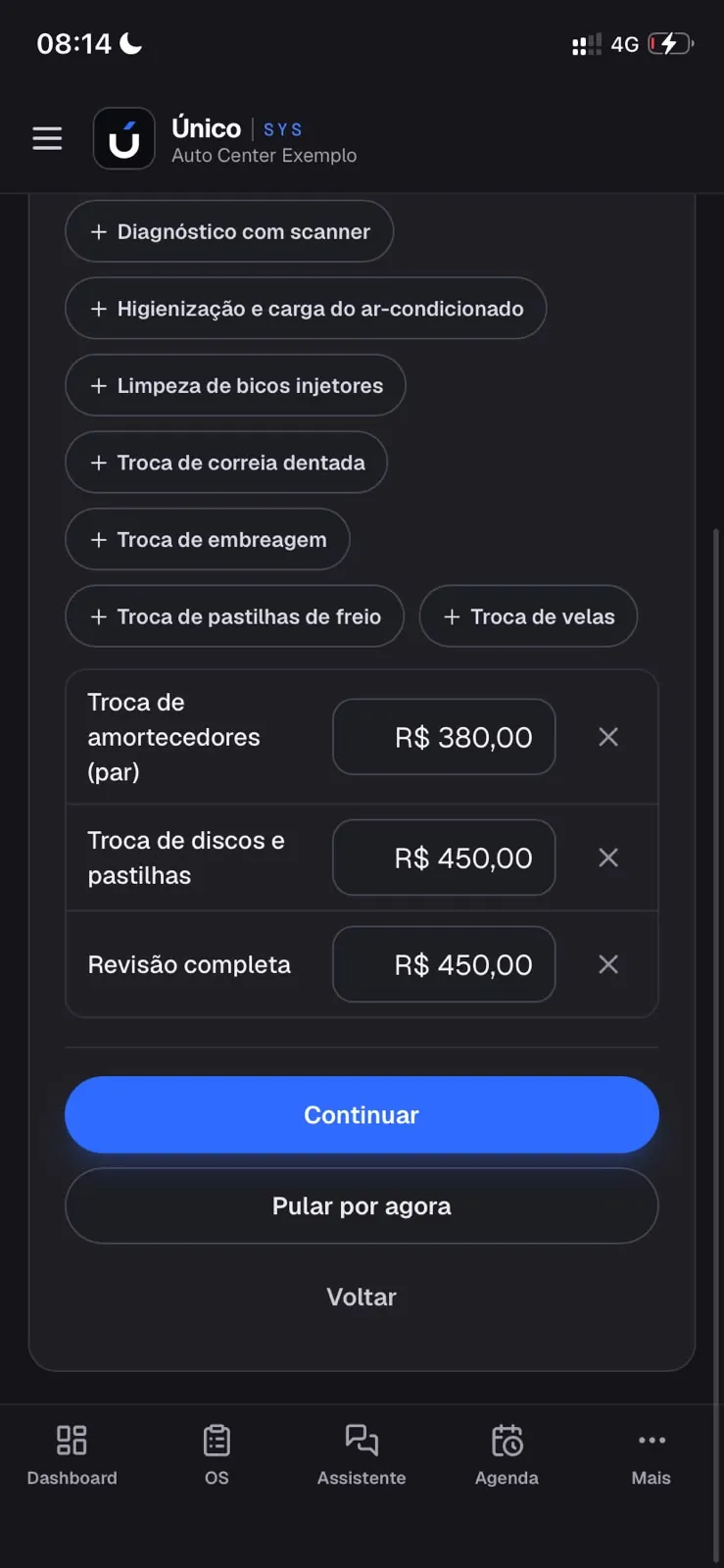 Passo 3 de 5: os serviços com o preço de cada um