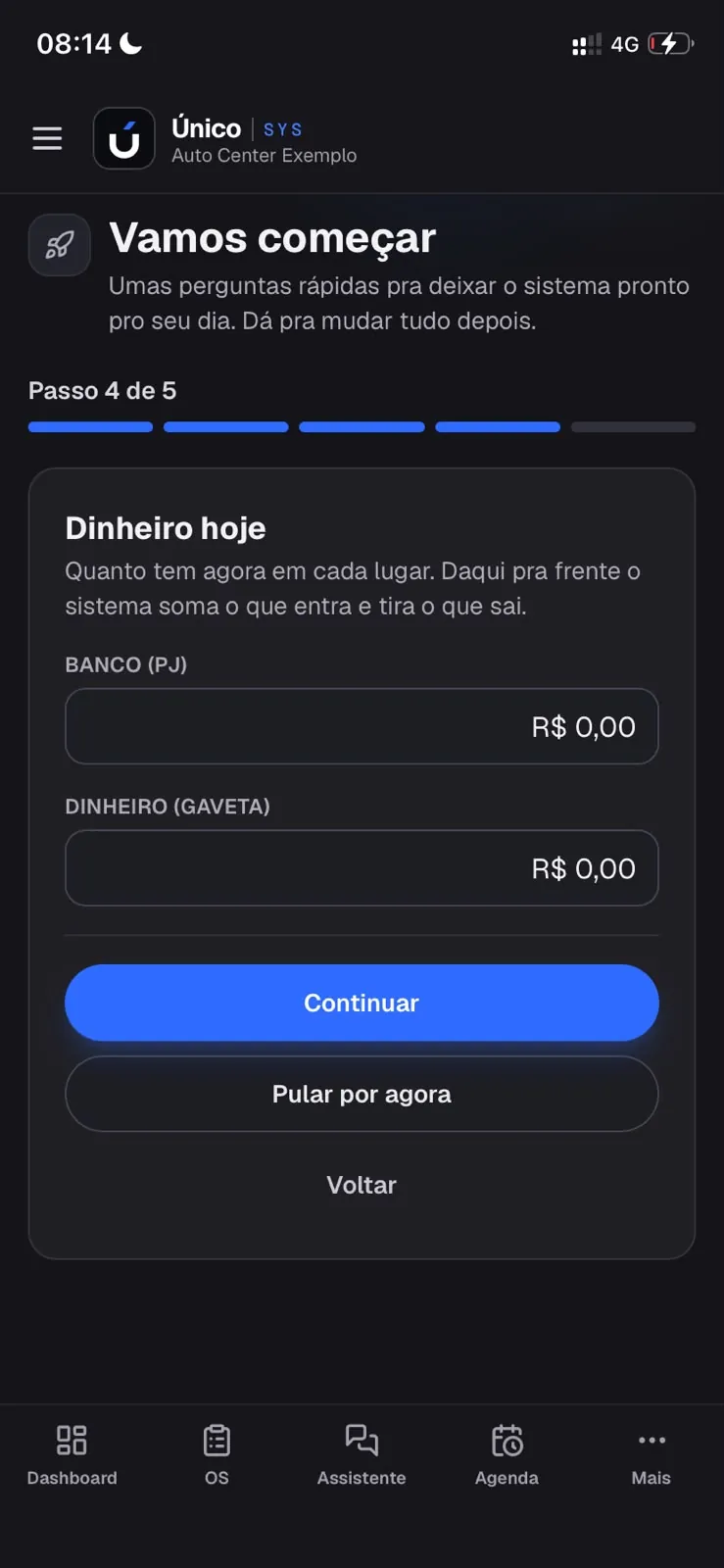 Passo 4 de 5: quanto tem hoje no banco e na gaveta